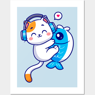 Cute Cat Hug Fish With Headphone Cartoon Posters and Art